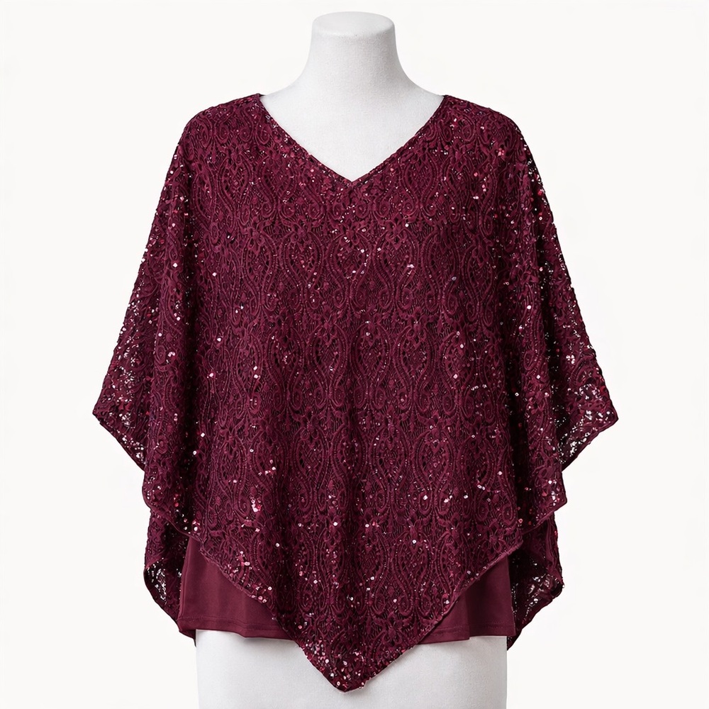 Brittanye Black Woman’s Size 3X Burgundy Lace blouse with Sequins